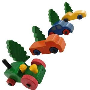 Vintage Wooden Toy Car & Tractor Lot w/ Trees – Handmade Painted Mini Set of 8